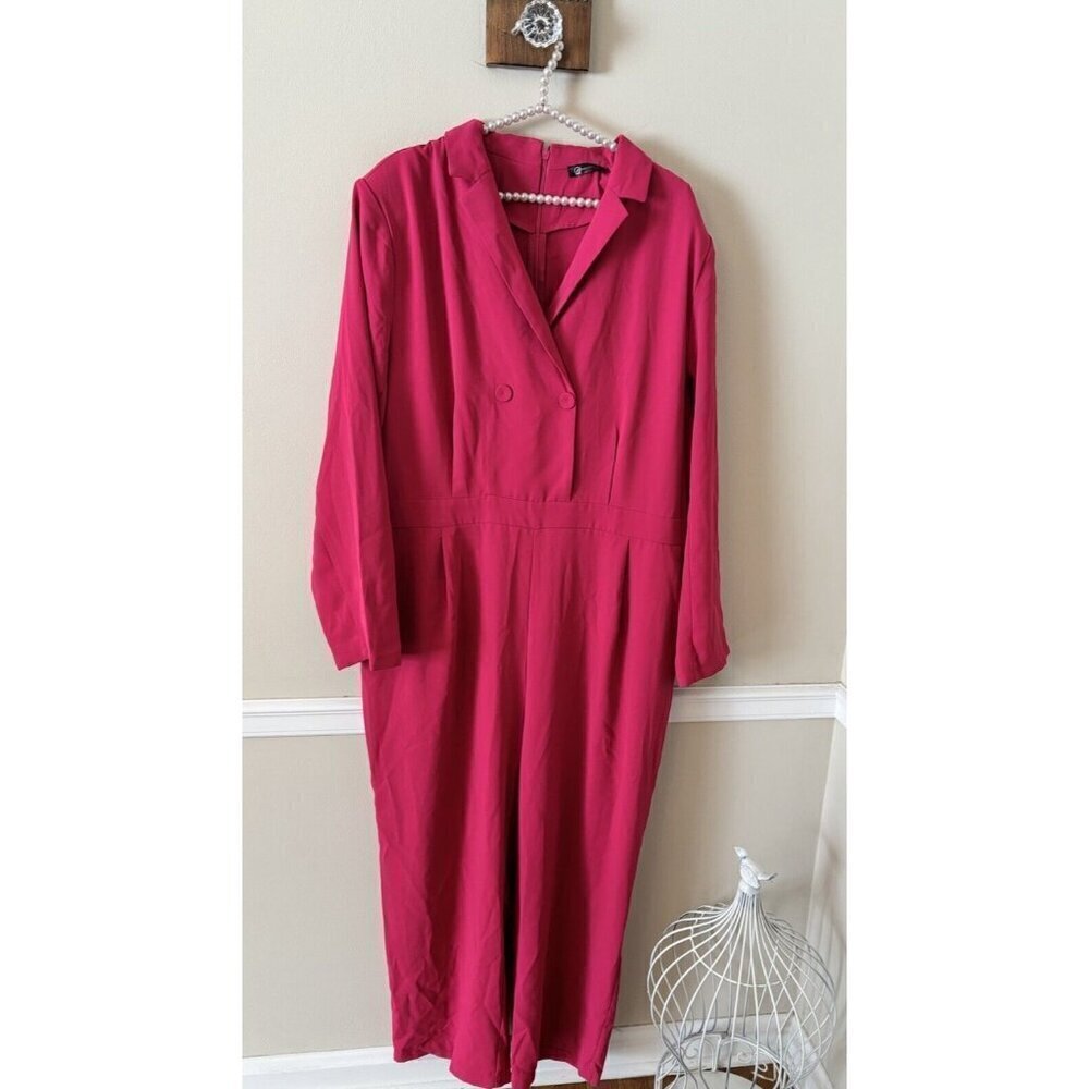 NWOT Pretty Garden Womens Size XXL Pink Long Sleeve Jumpsuit Belted Pockets